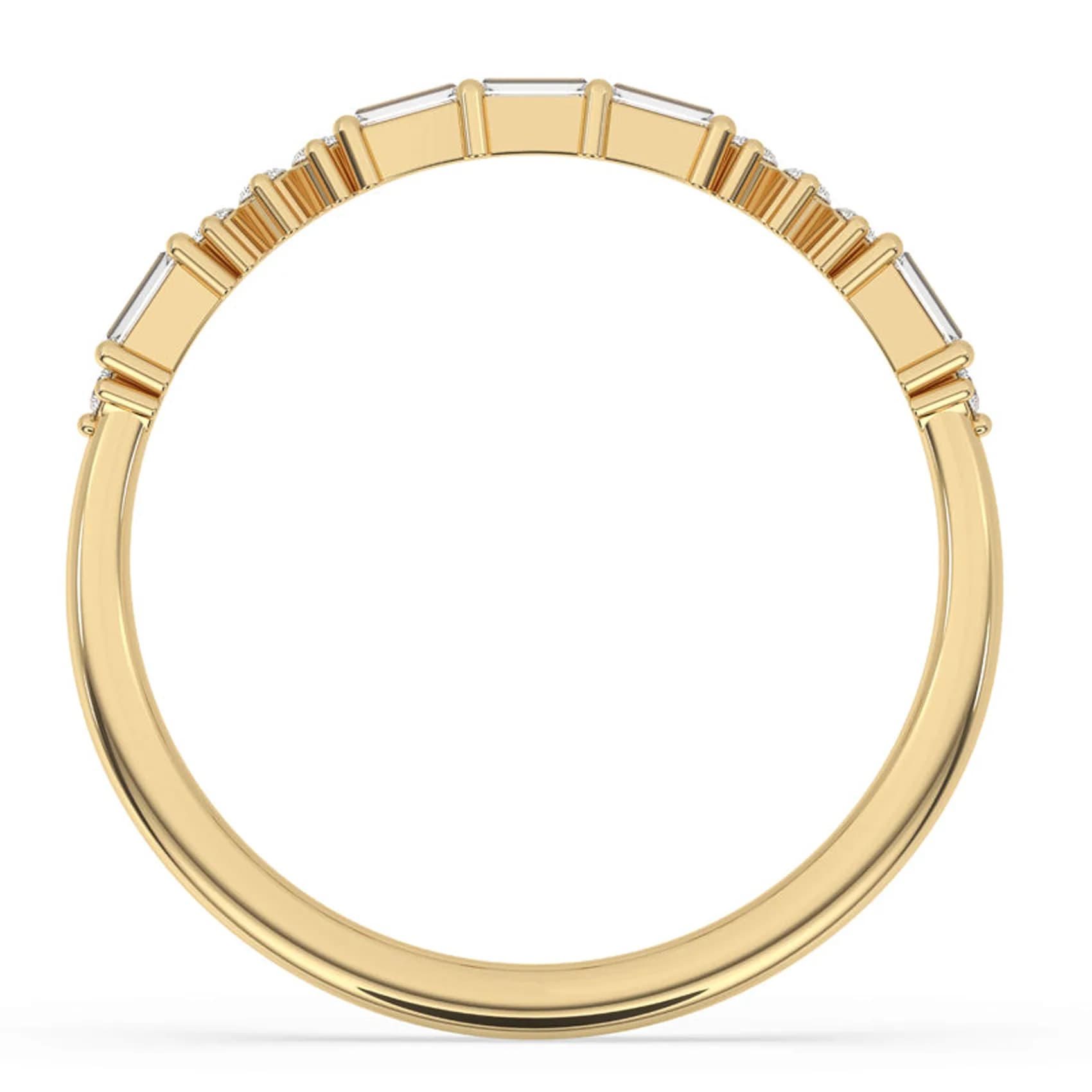Through-finger view of the stackable band in yellow gold