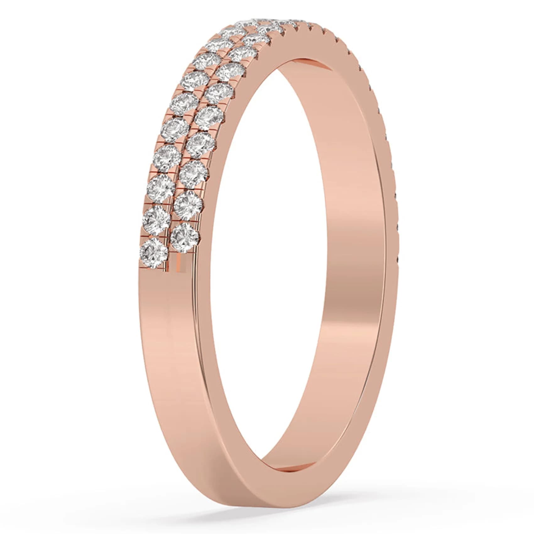 Angled view showing the polished lower shank of the double row band in rose gold