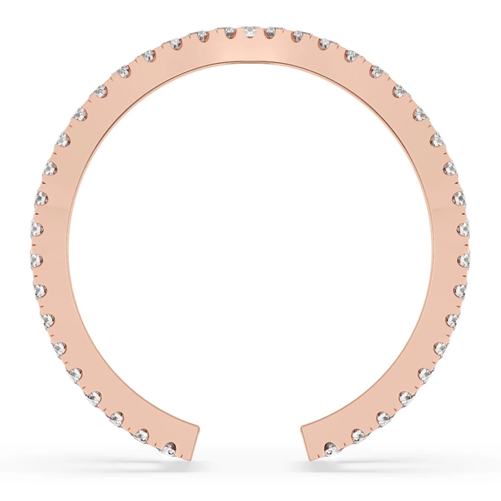 Through-finger view showing the open back of the criss cross band in rose gold