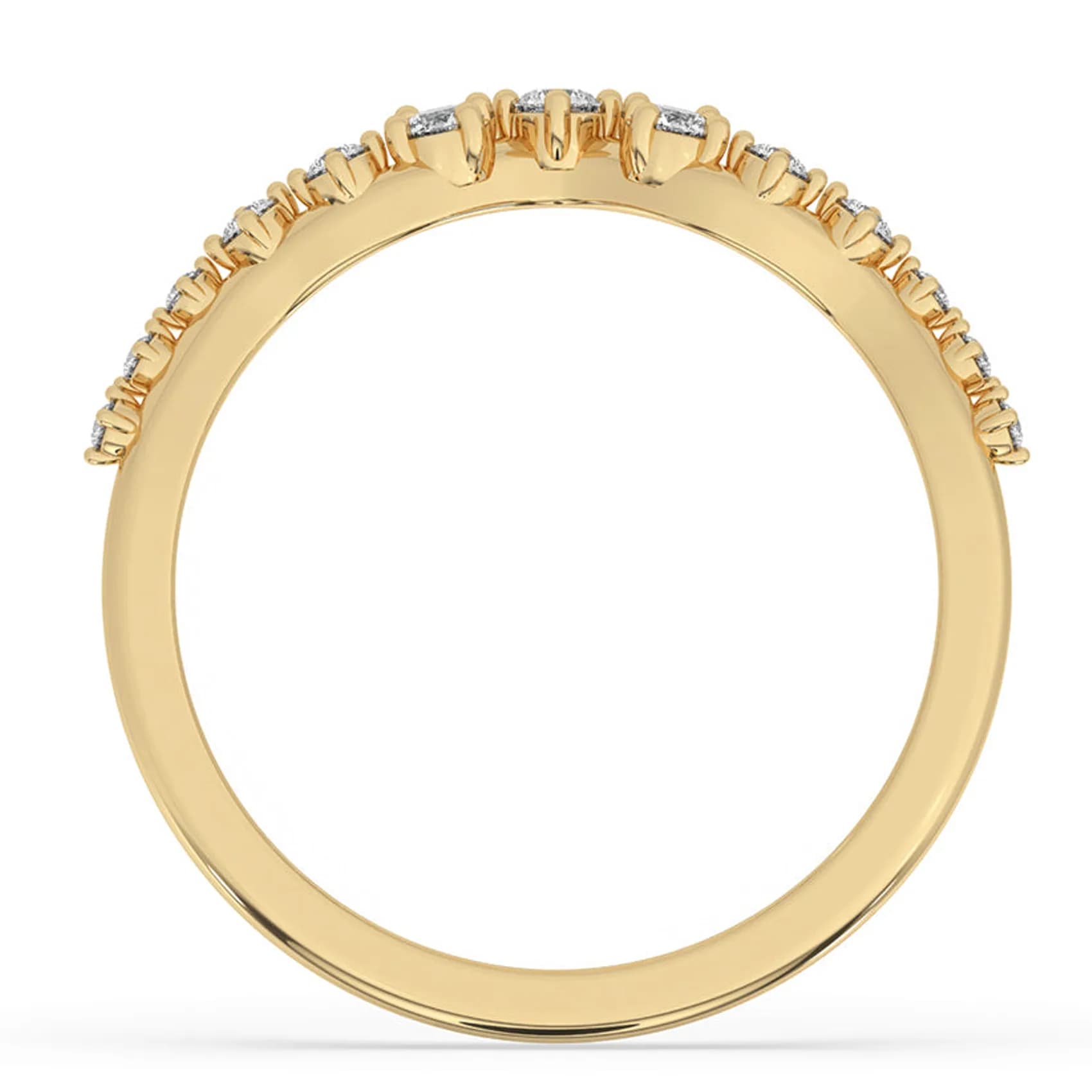 Through-finger view of the curved tiara band in yellow gold