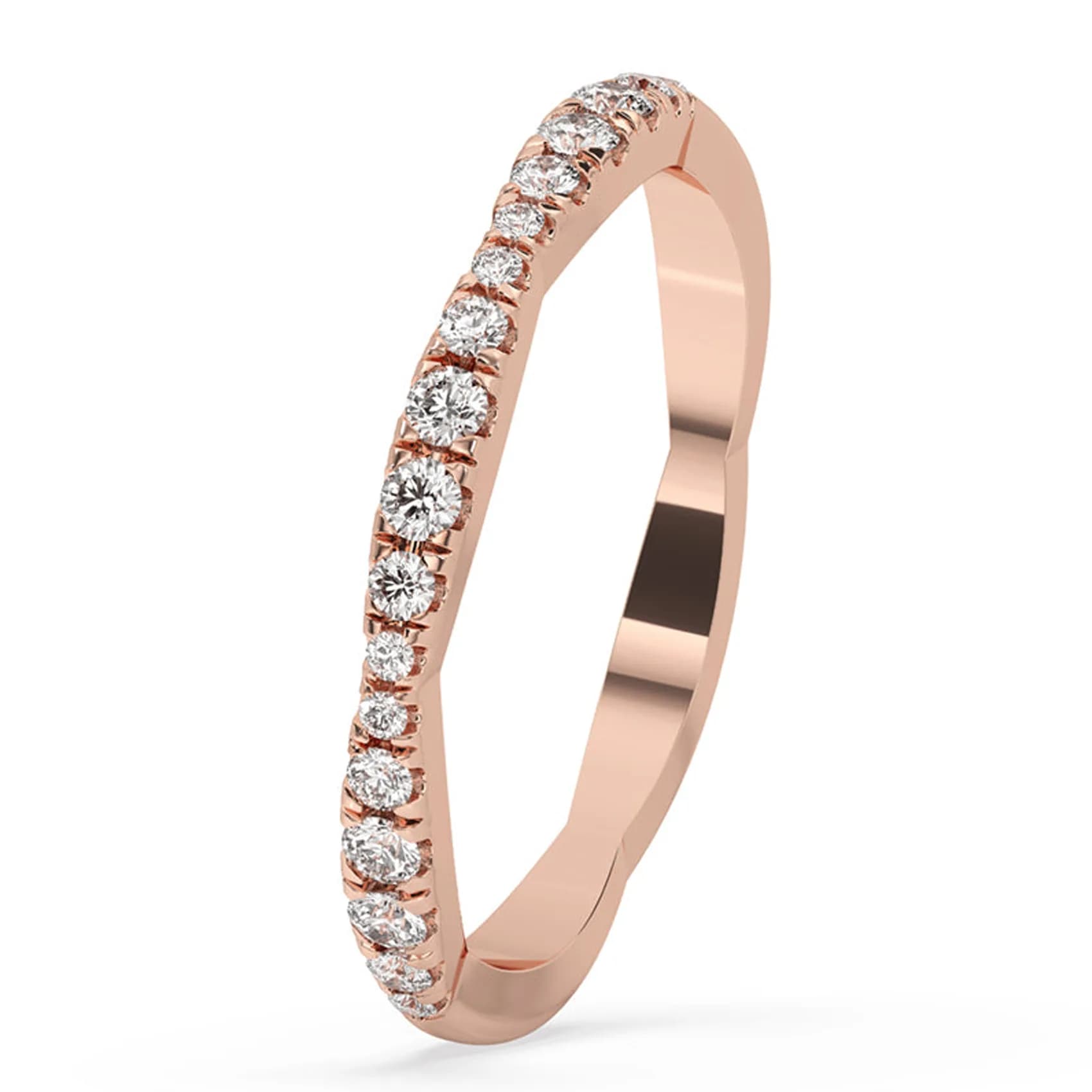 Angled view of the graduated scalloped half eternity band in rose gold
