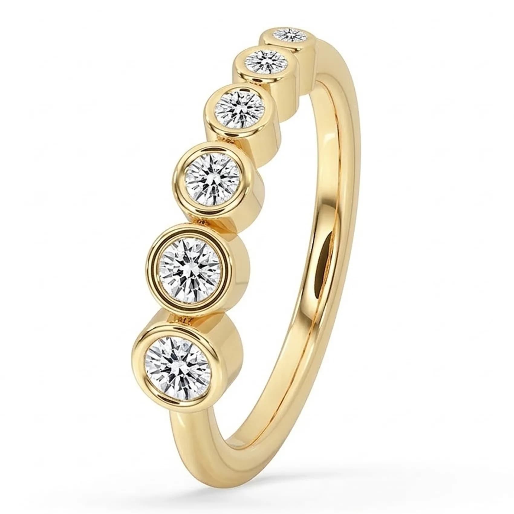 Angled view of the graduated bezel set band in yellow gold