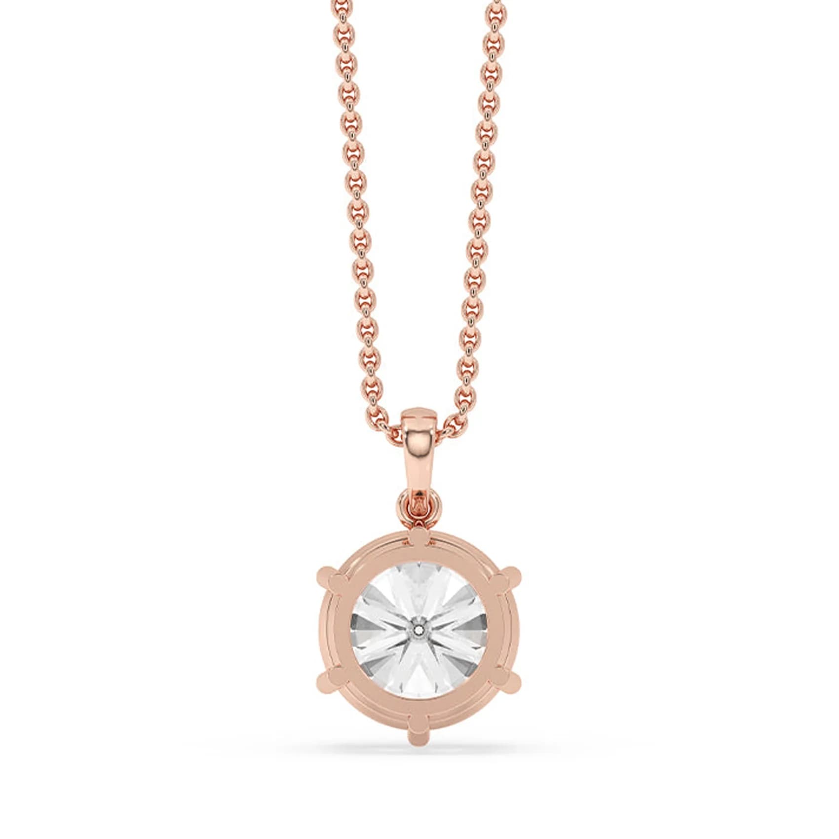 Back view of the six prong solitaire pendant in rose gold