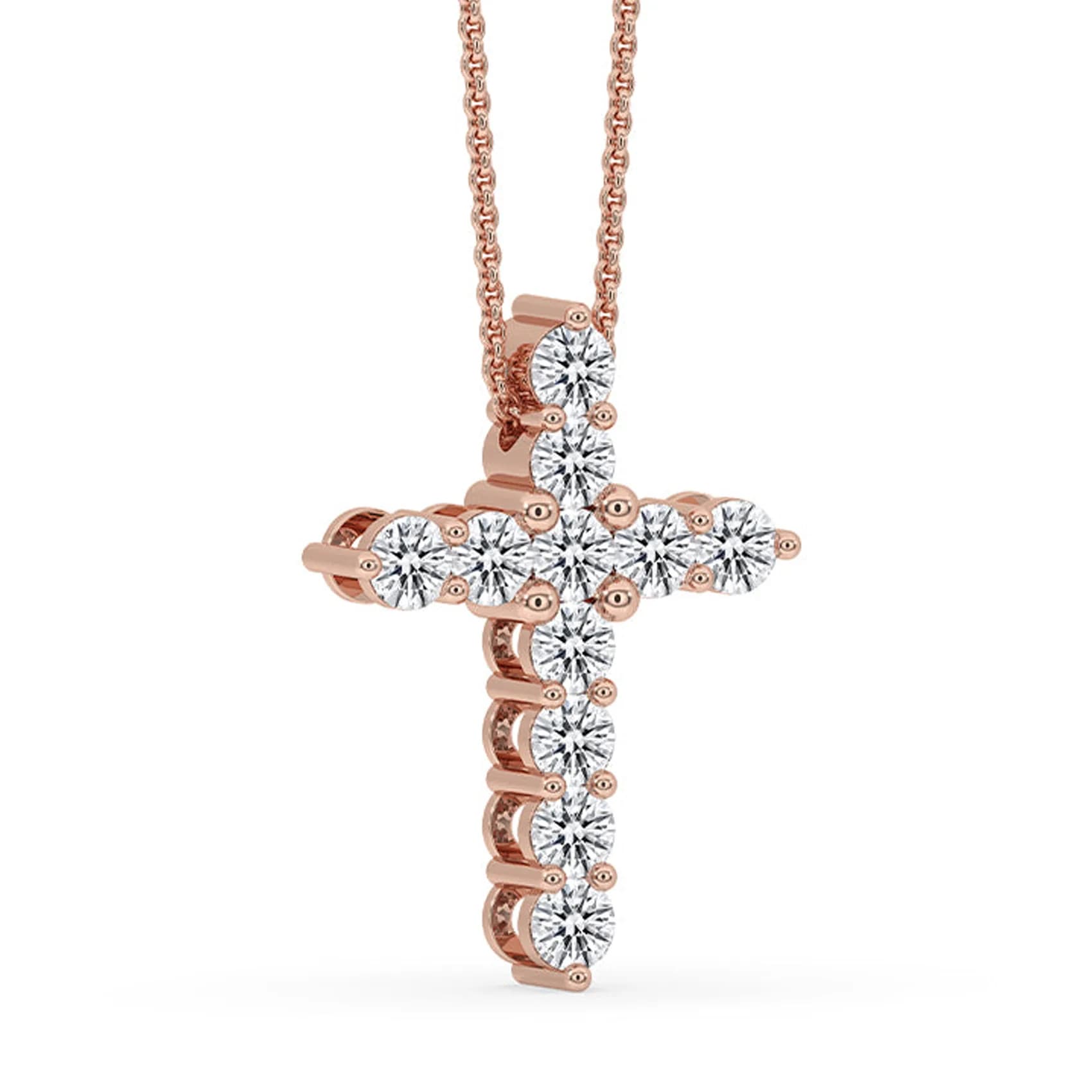 Angled view of the round lab grown diamond cross pendant in rose gold