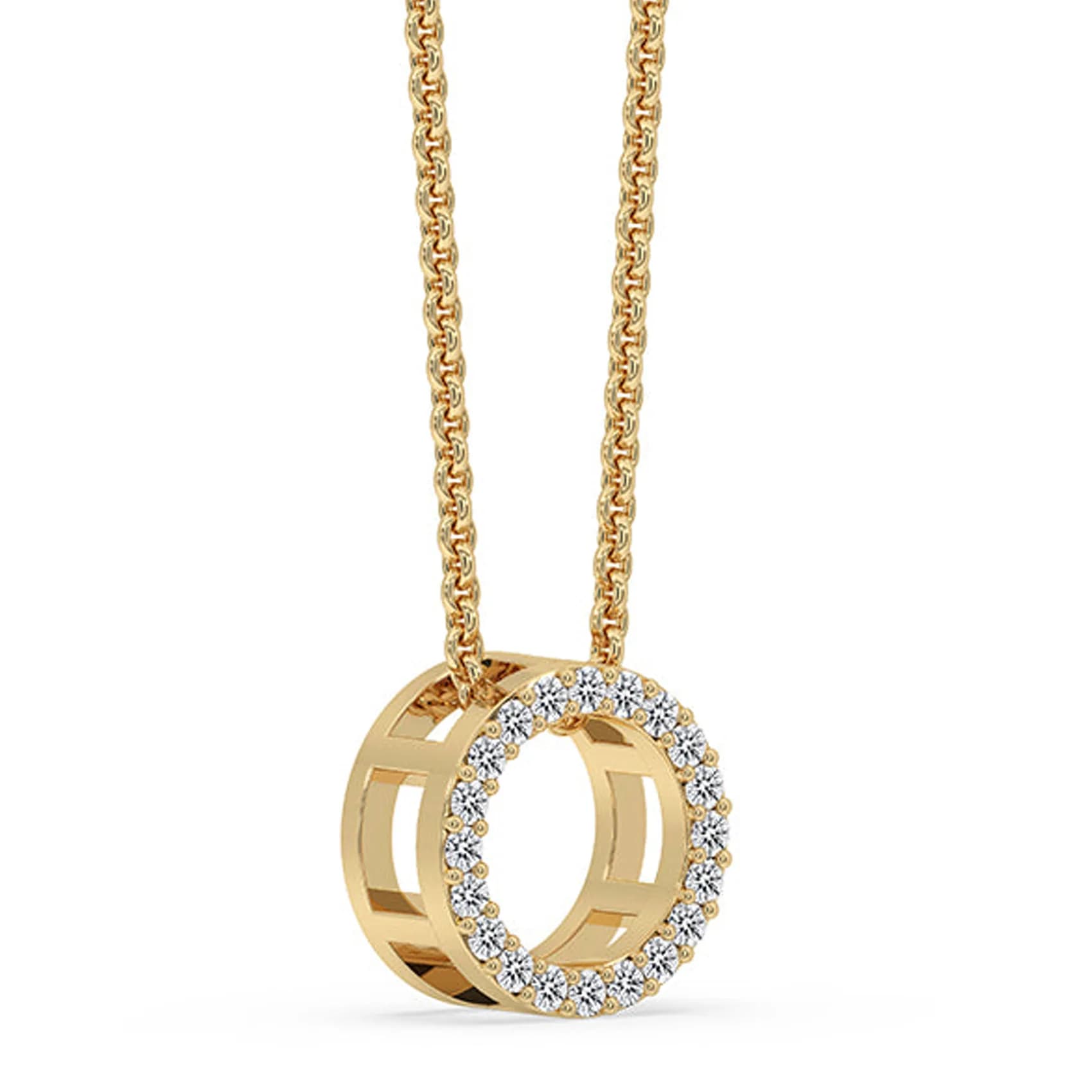 Angled view of the lab grown diamond open circle pendant showing pierced sides in yellow gold