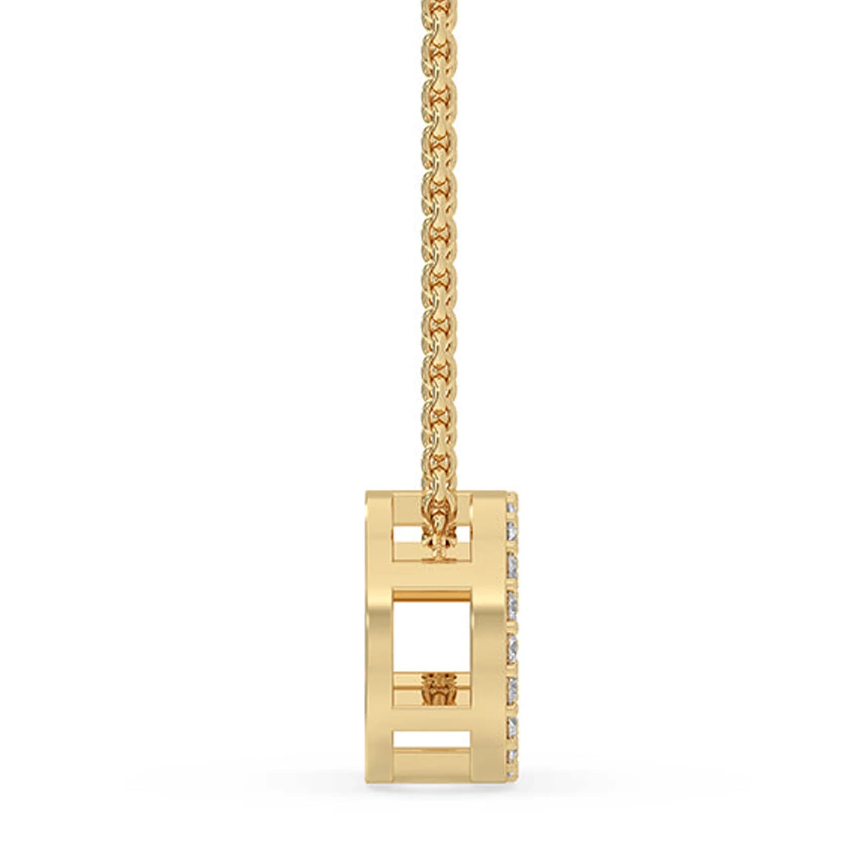 Side profile of the open circle pendant with window cutouts in yellow gold