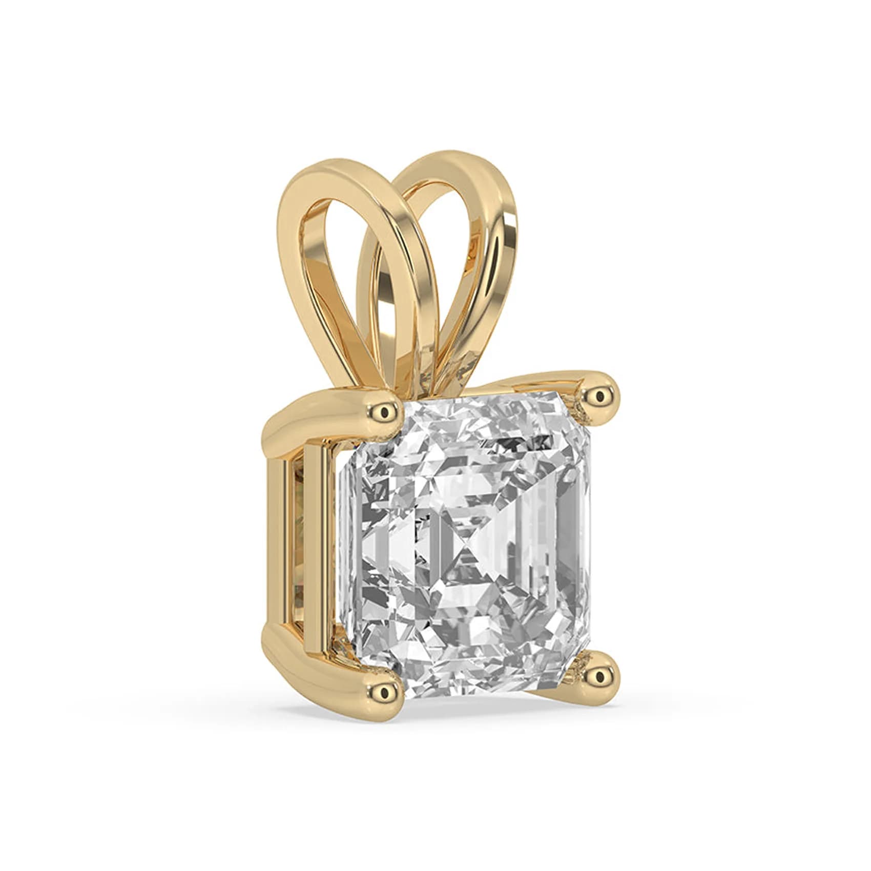 Angled view of the Asscher cut lab grown diamond solitaire pendant in yellow gold