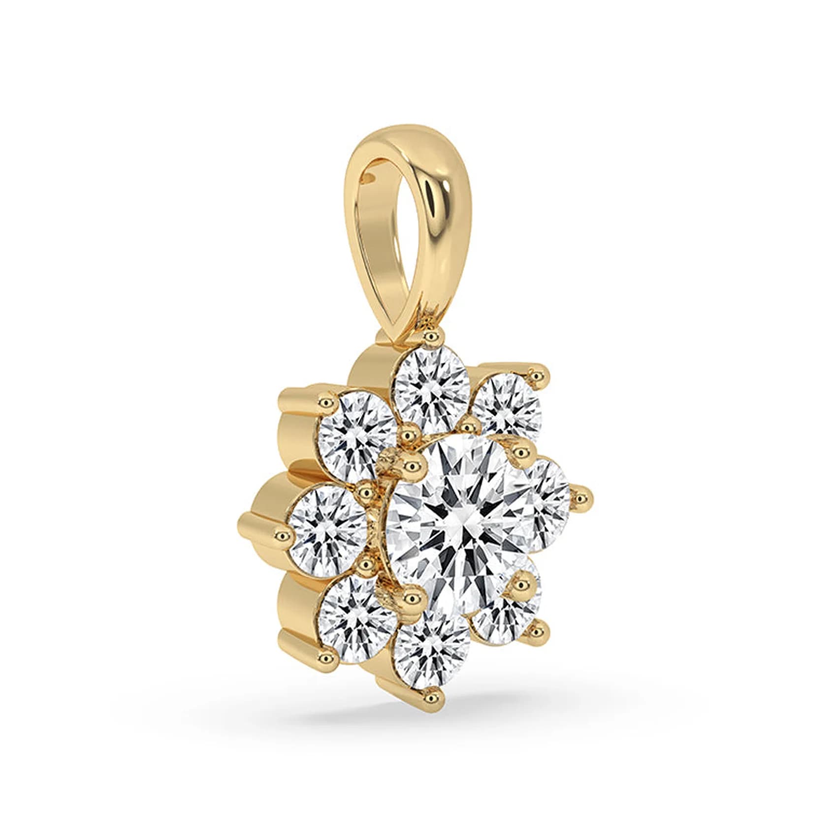 Angled view of the round lab grown diamond flower cluster pendant in yellow gold
