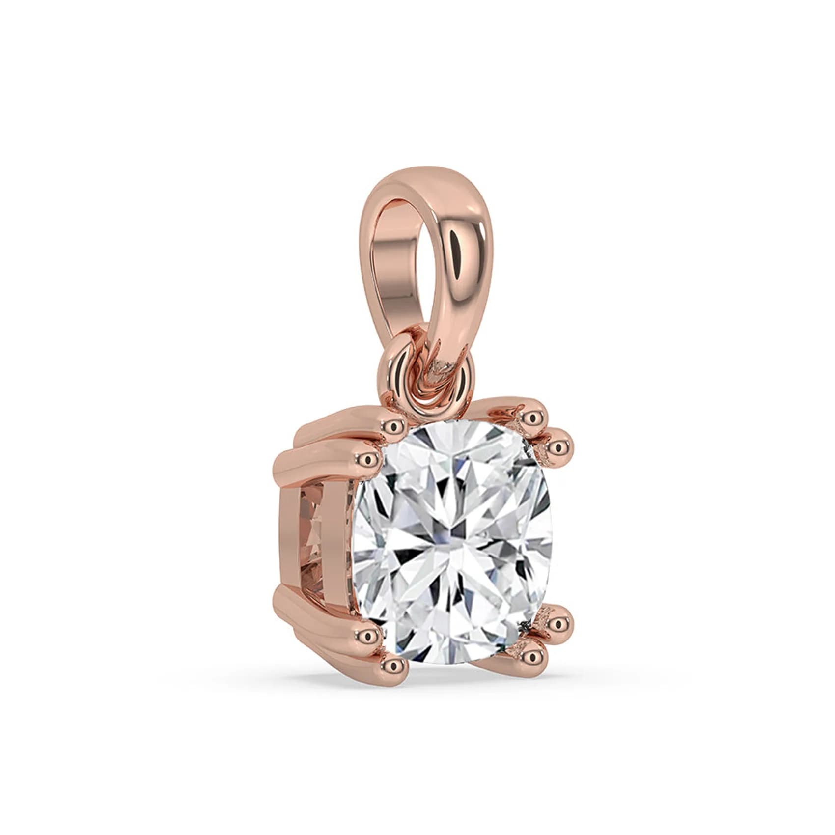 Angled view of the cushion cut lab grown diamond double claw pendant in rose gold