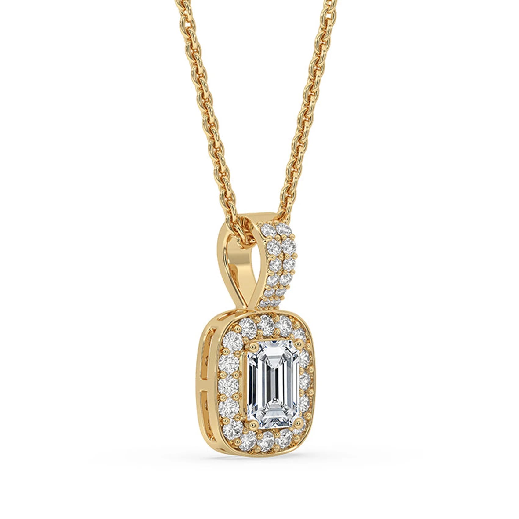 Angled view of the emerald cut lab grown diamond halo pendant in yellow gold