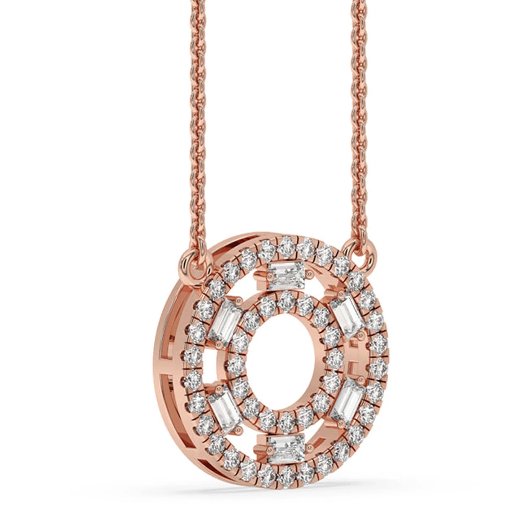 Angled view of the baguette and round lab grown diamond double circle pendant in rose gold