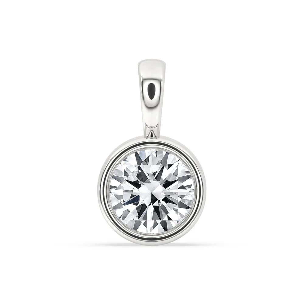 Front view of the bezel set round diamond pendant in white gold