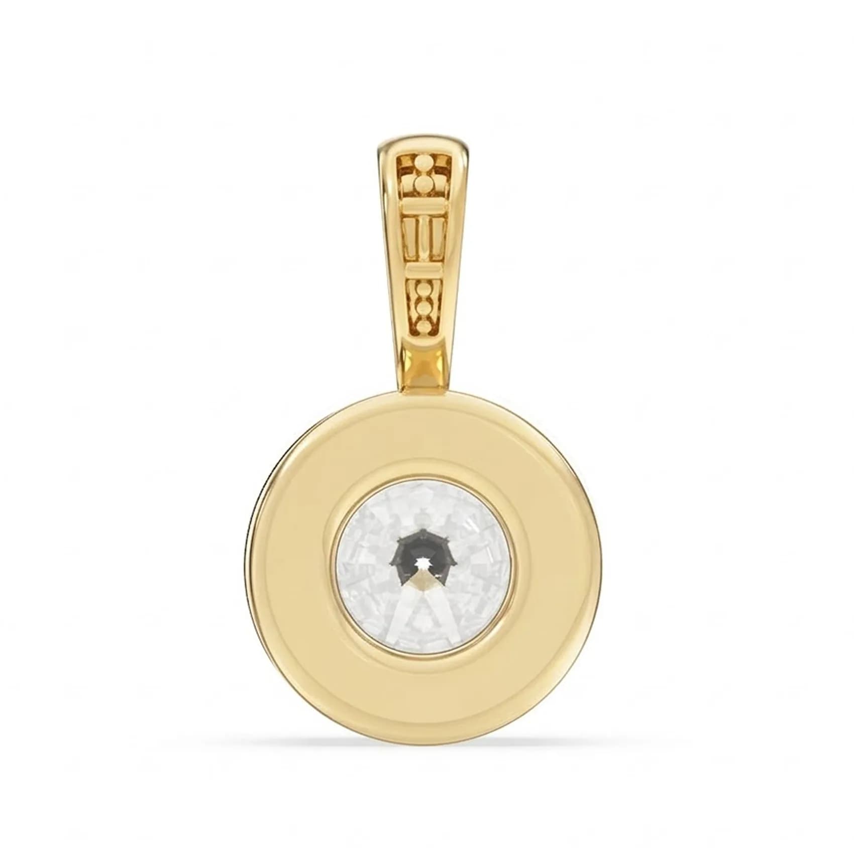 Back view of the bezel pendant and bail detail in yellow gold