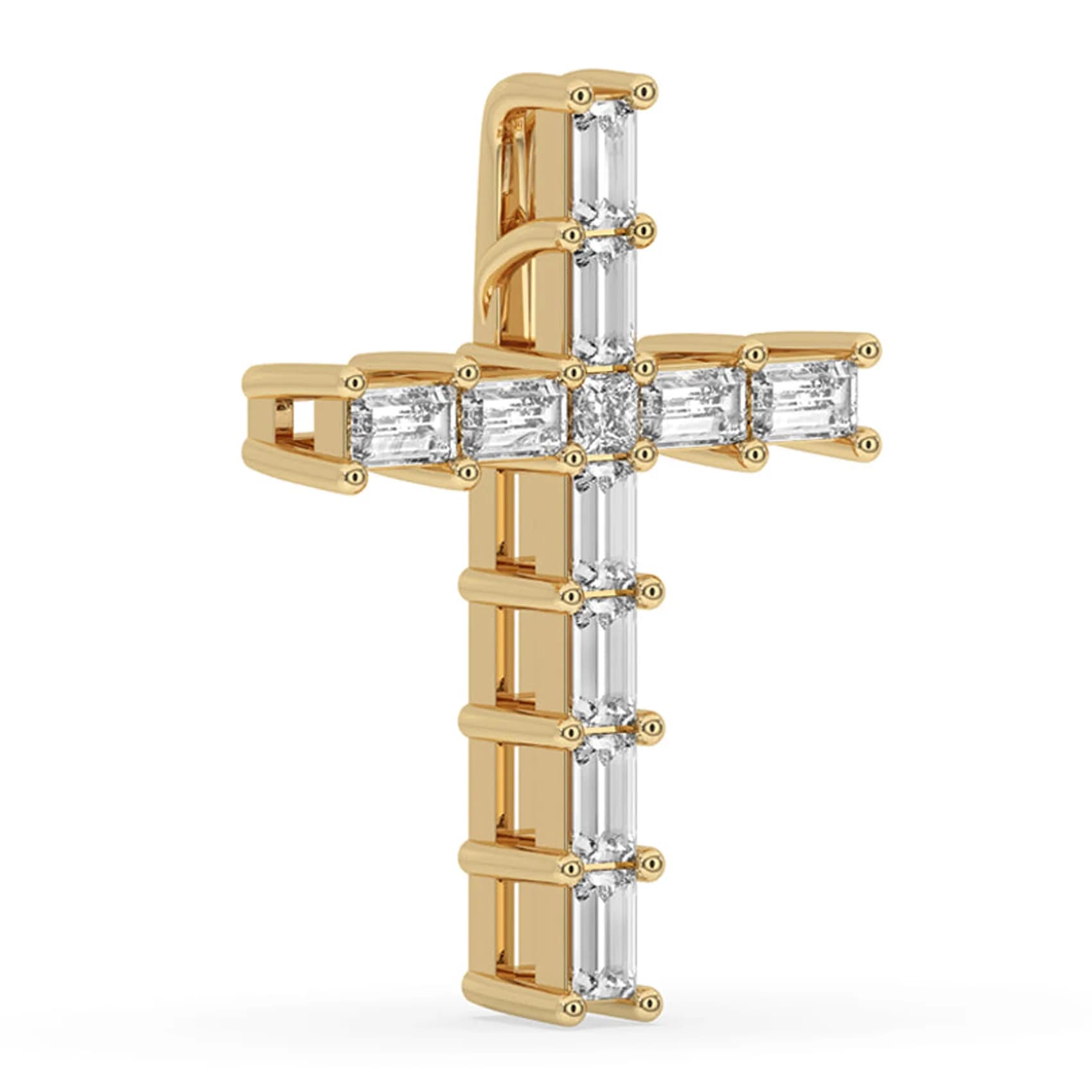 Angled view of the baguette and princess lab grown diamond cross pendant in yellow gold
