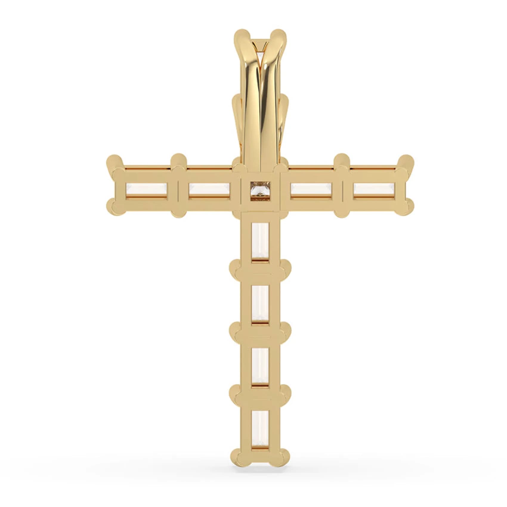 Back view of the cross pendant showing the prong gallery and bail in yellow gold