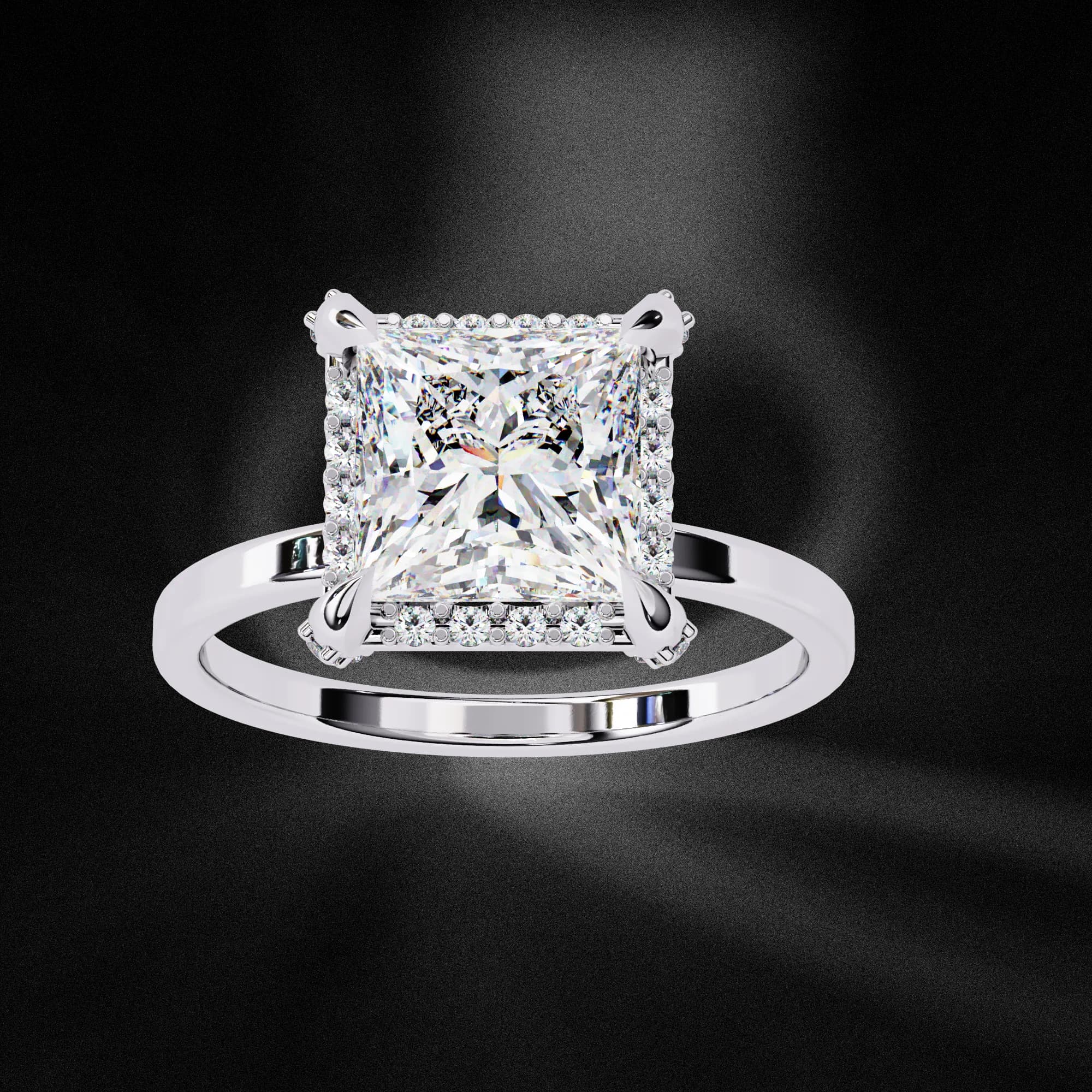 Princess cut lab grown diamond low halo engagement ring in white gold, angled view