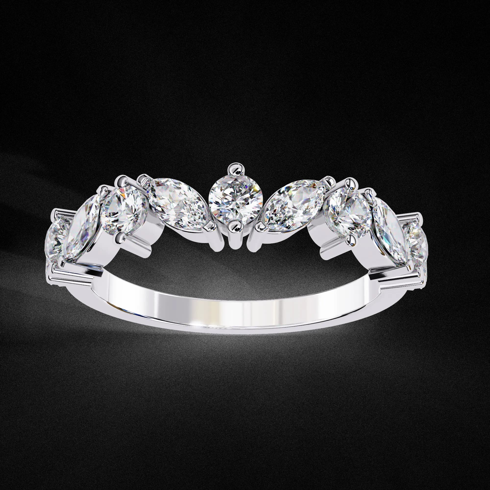 Marquise and round lab grown diamond curved contour wedding band in white gold, front view
