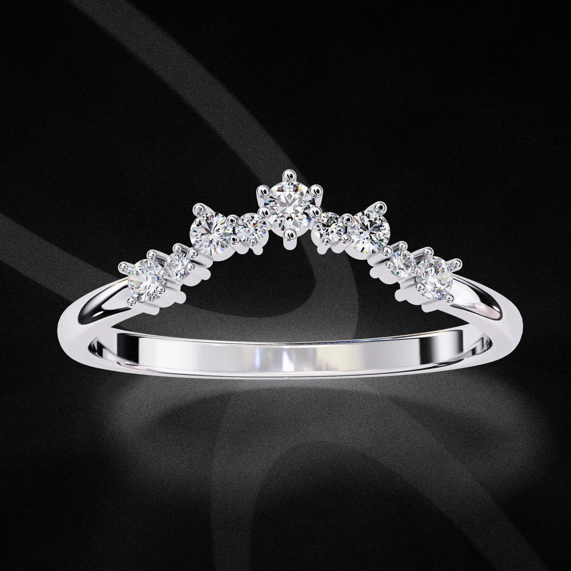Round lab grown diamond curved crown wedding band in white gold, angled view