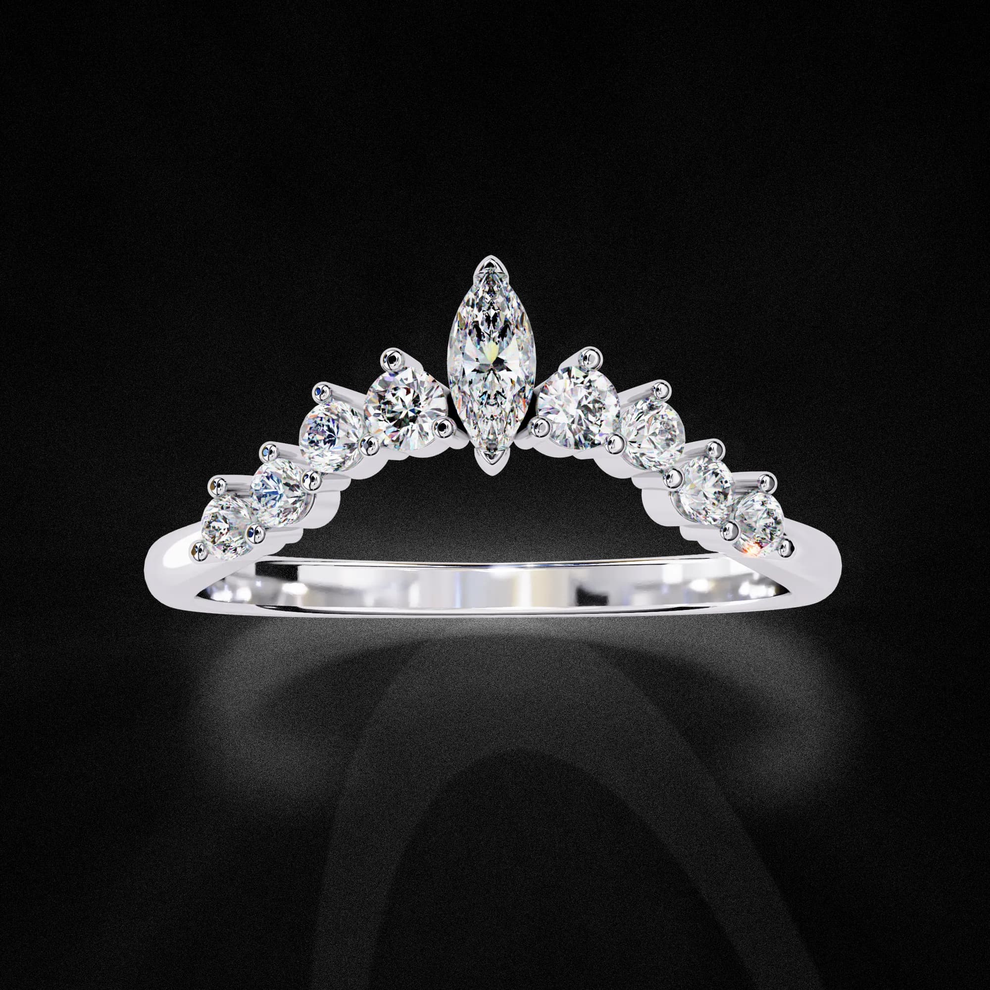 Curved lab grown diamond crown wedding band in white gold, angled view