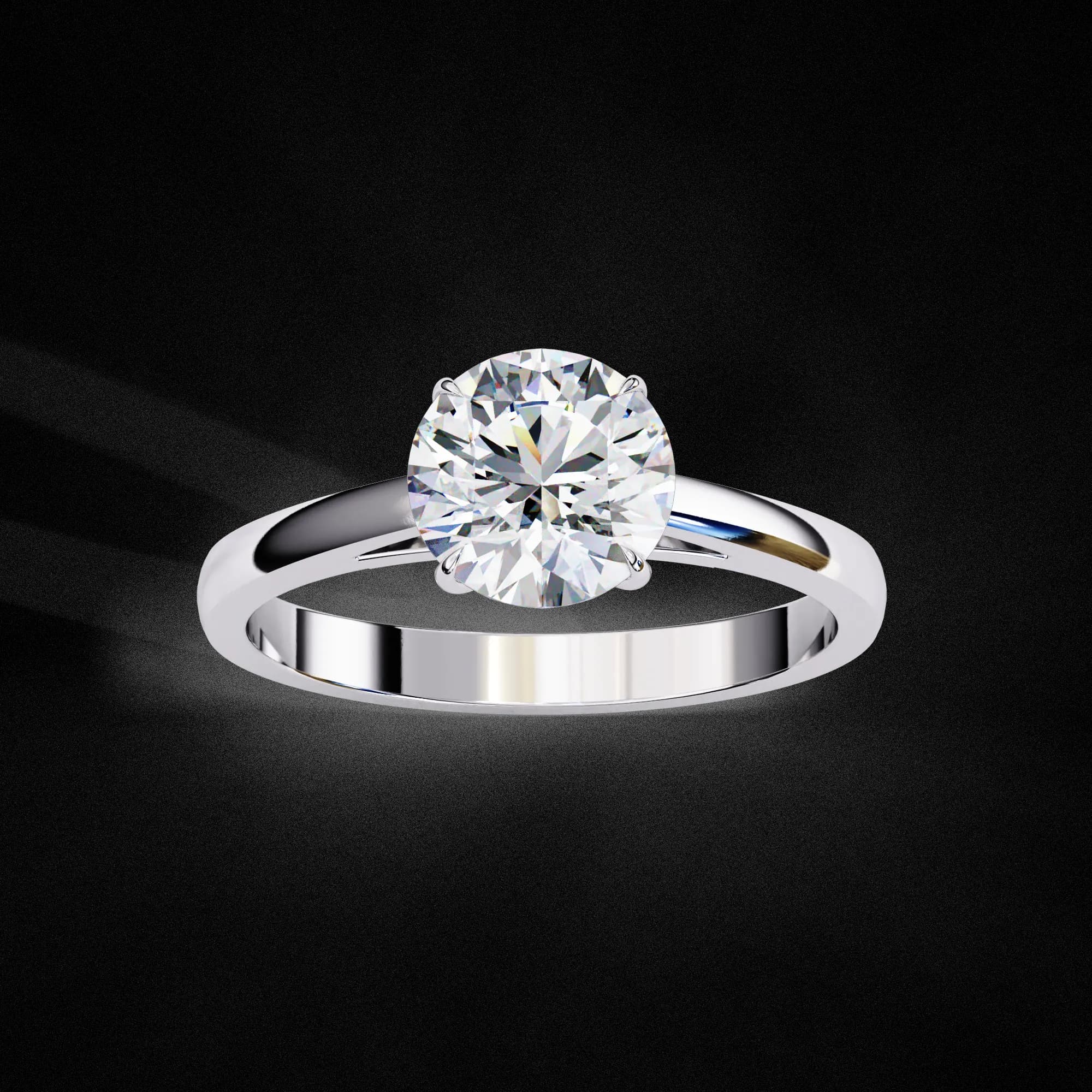 Round lab grown diamond cathedral solitaire engagement ring in white gold, angled view