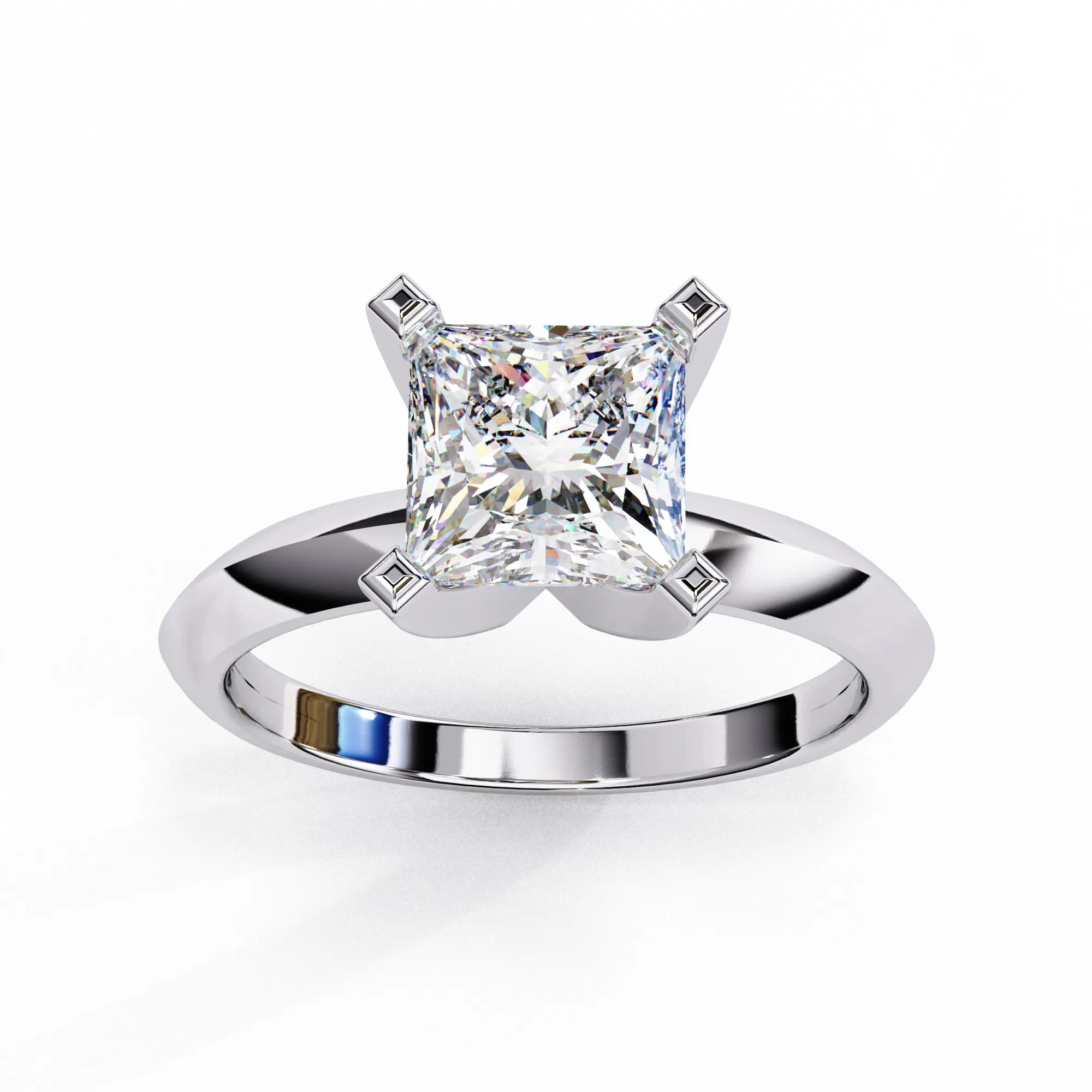 Princess cut lab grown diamond knife-edge solitaire engagement ring in white gold, angled view