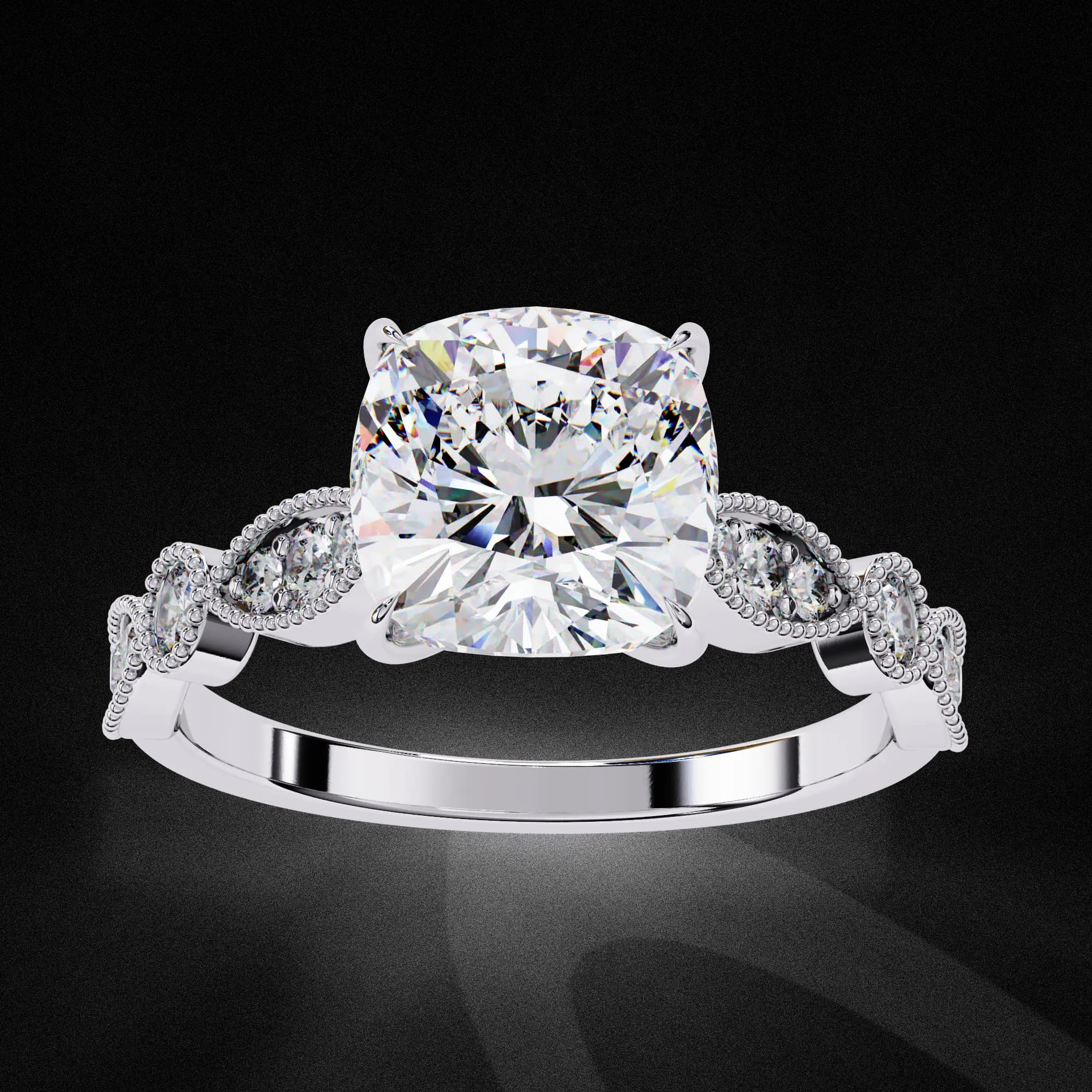 Cushion cut lab grown diamond vintage milgrain engagement ring in white gold, angled view