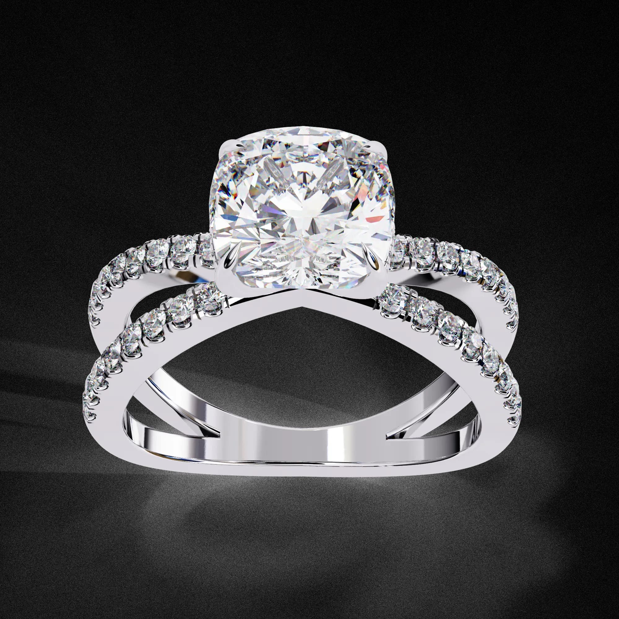 Cushion cut lab grown diamond split shank hidden halo engagement ring in white gold, angled view