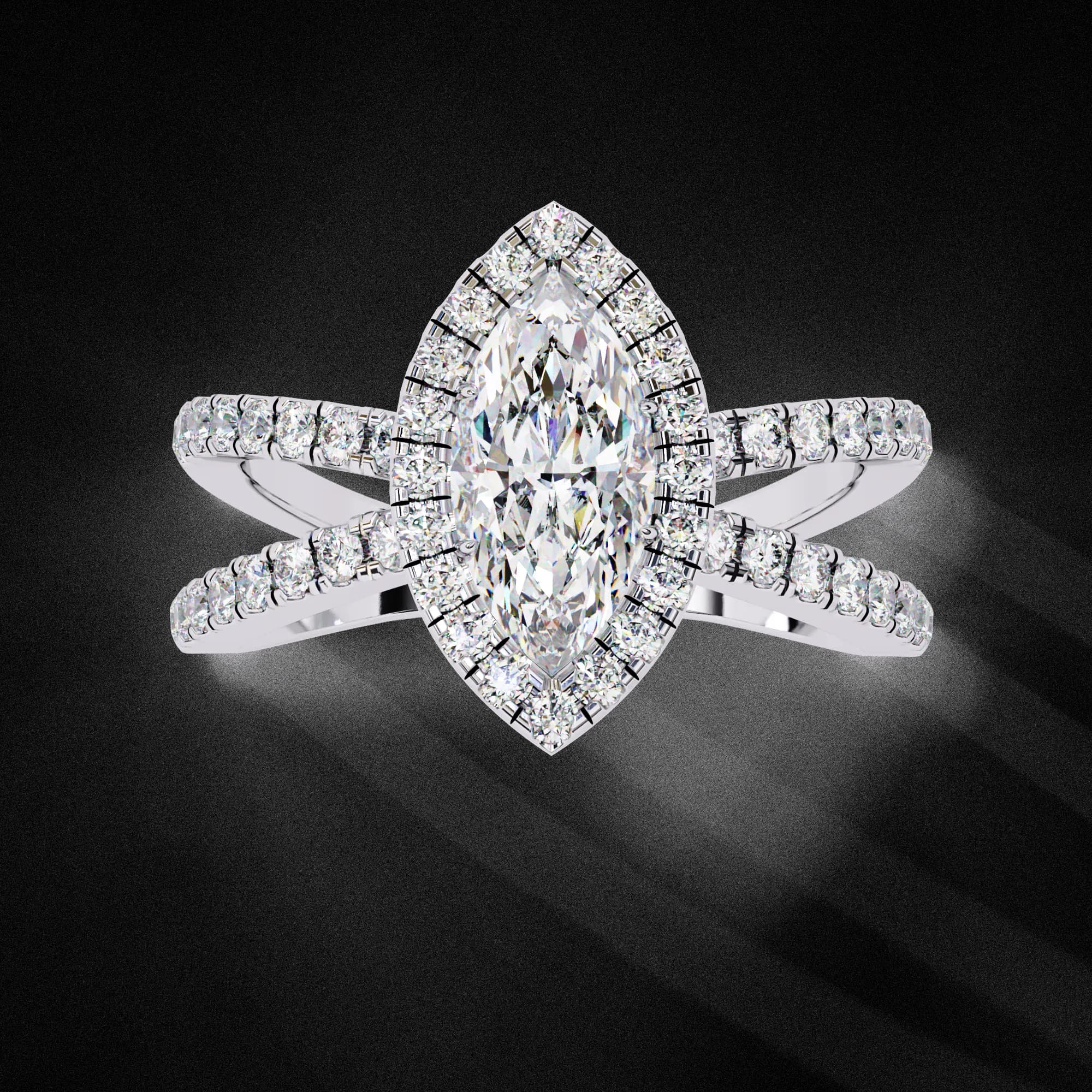 Marquise cut lab grown diamond halo criss-cross engagement ring in white gold, angled view