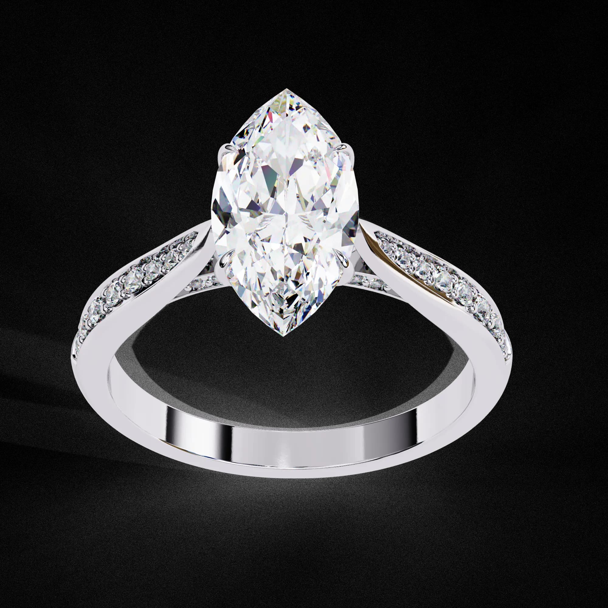 Marquise lab grown diamond cathedral engagement ring with pavé shoulders in white gold, angled view