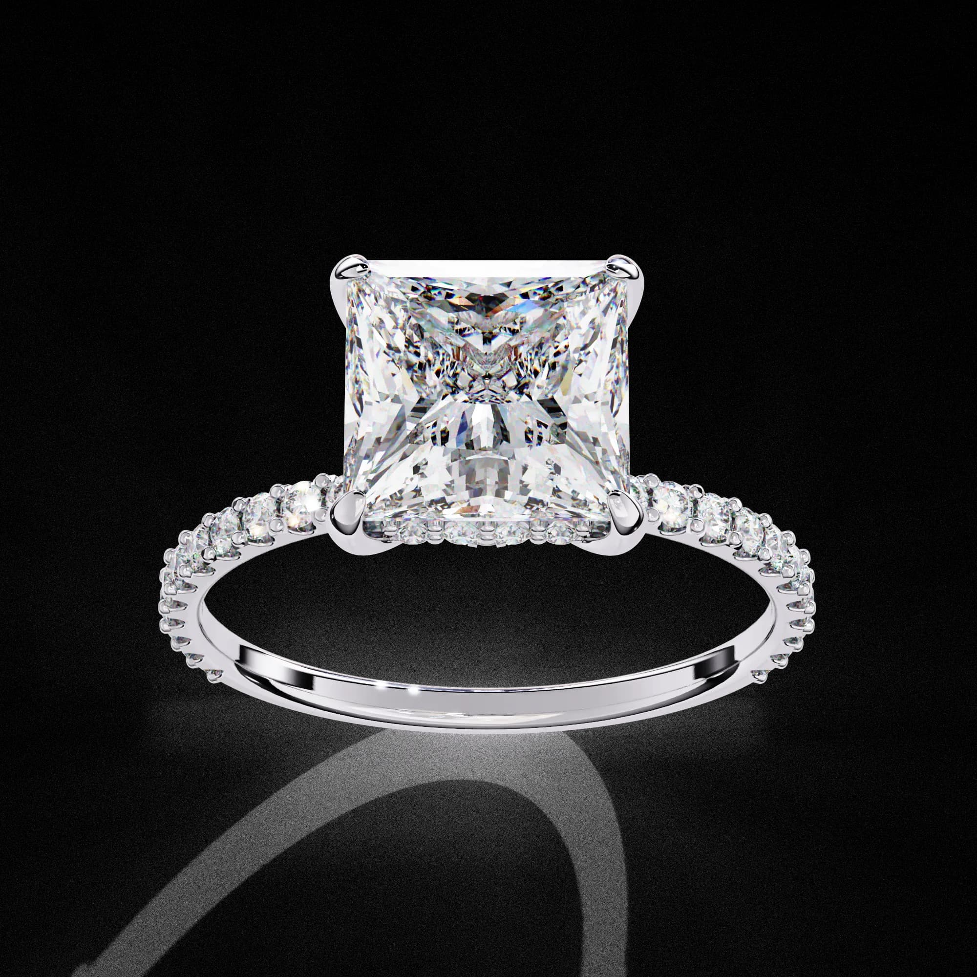 Princess cut lab grown diamond hidden halo engagement ring in white gold, angled view