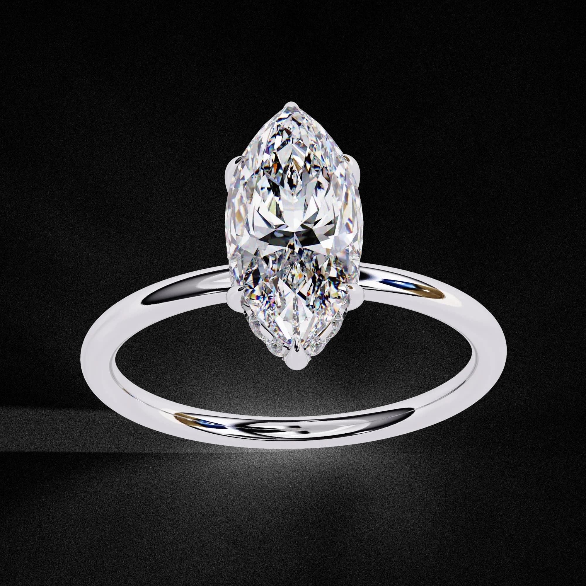Marquise lab grown diamond hidden halo solitaire engagement ring in white gold, angled view