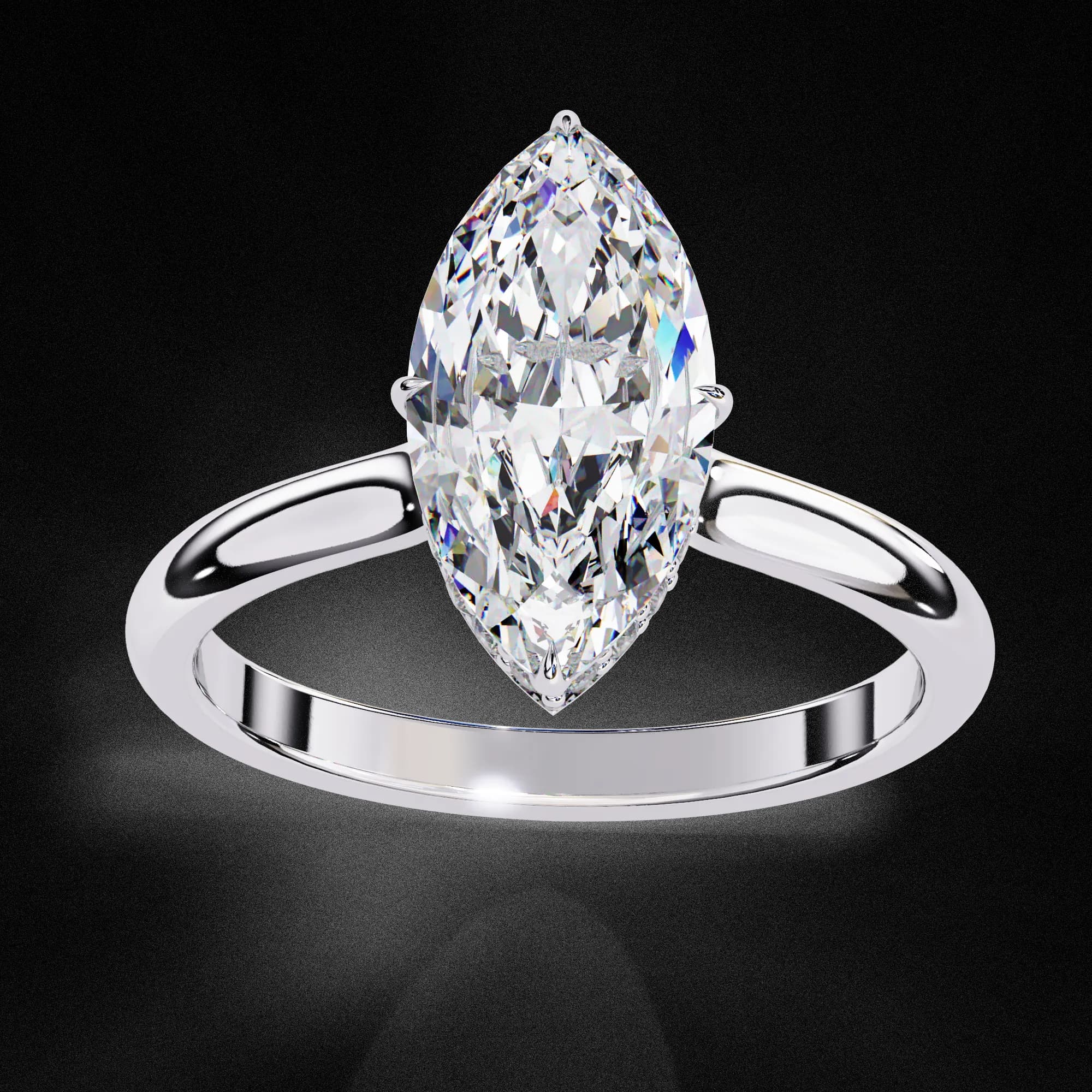 Marquise cut lab grown diamond hidden halo solitaire engagement ring in white gold, angled view