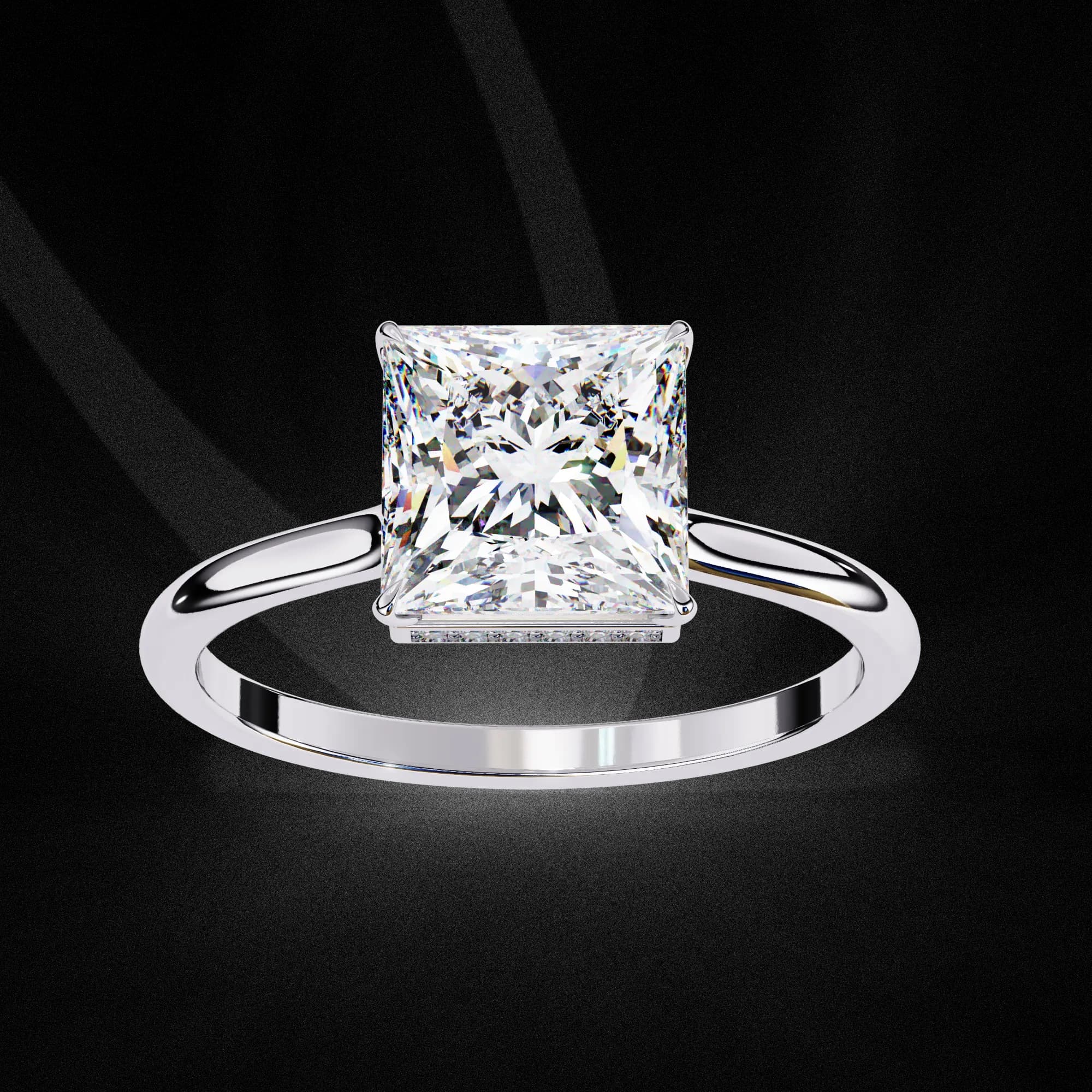 Princess cut lab grown diamond hidden halo engagement ring in white gold, angled view