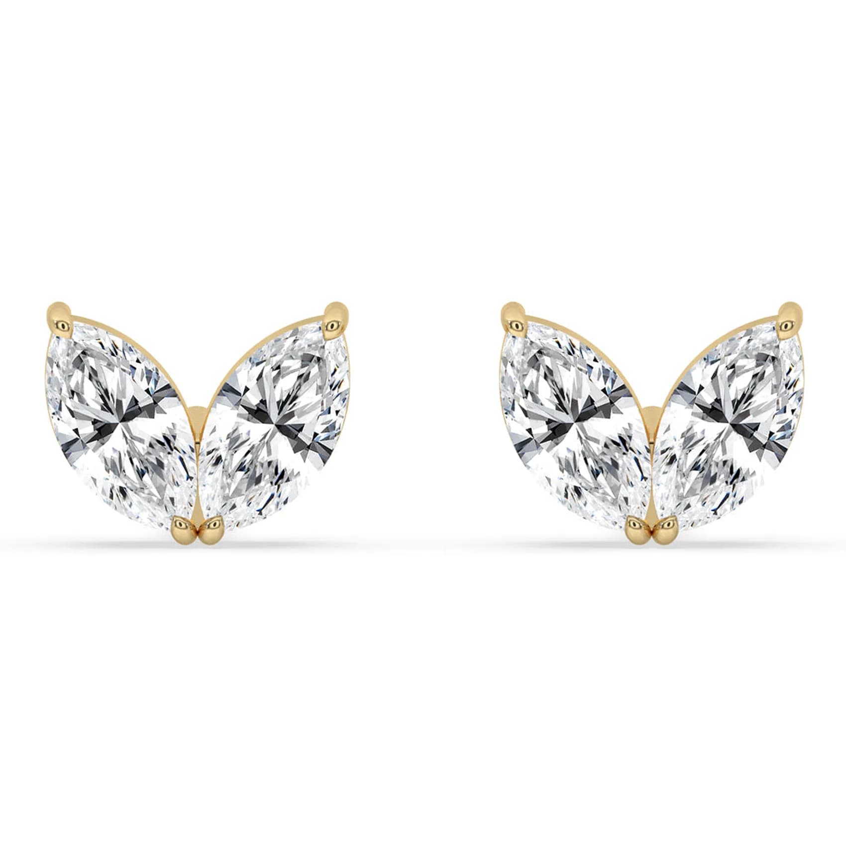Front view of the double marquise leaf stud earrings in yellow gold
