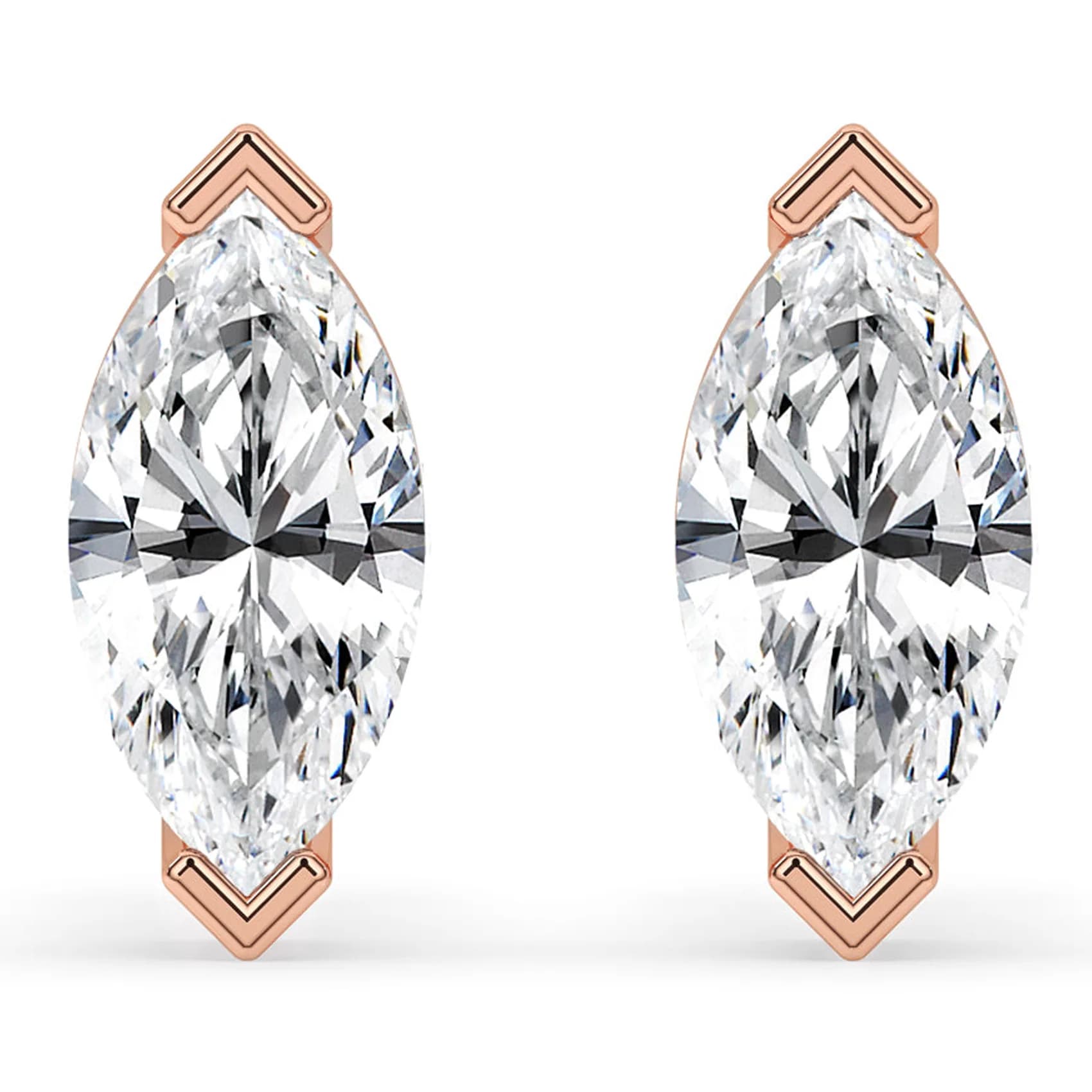 Front view of the marquise stud earrings with chevron tips in rose gold
