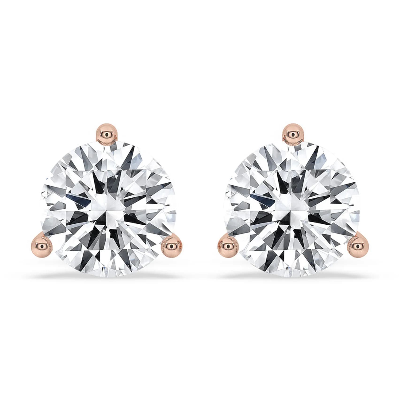Front view of the three-claw martini stud earrings in rose gold