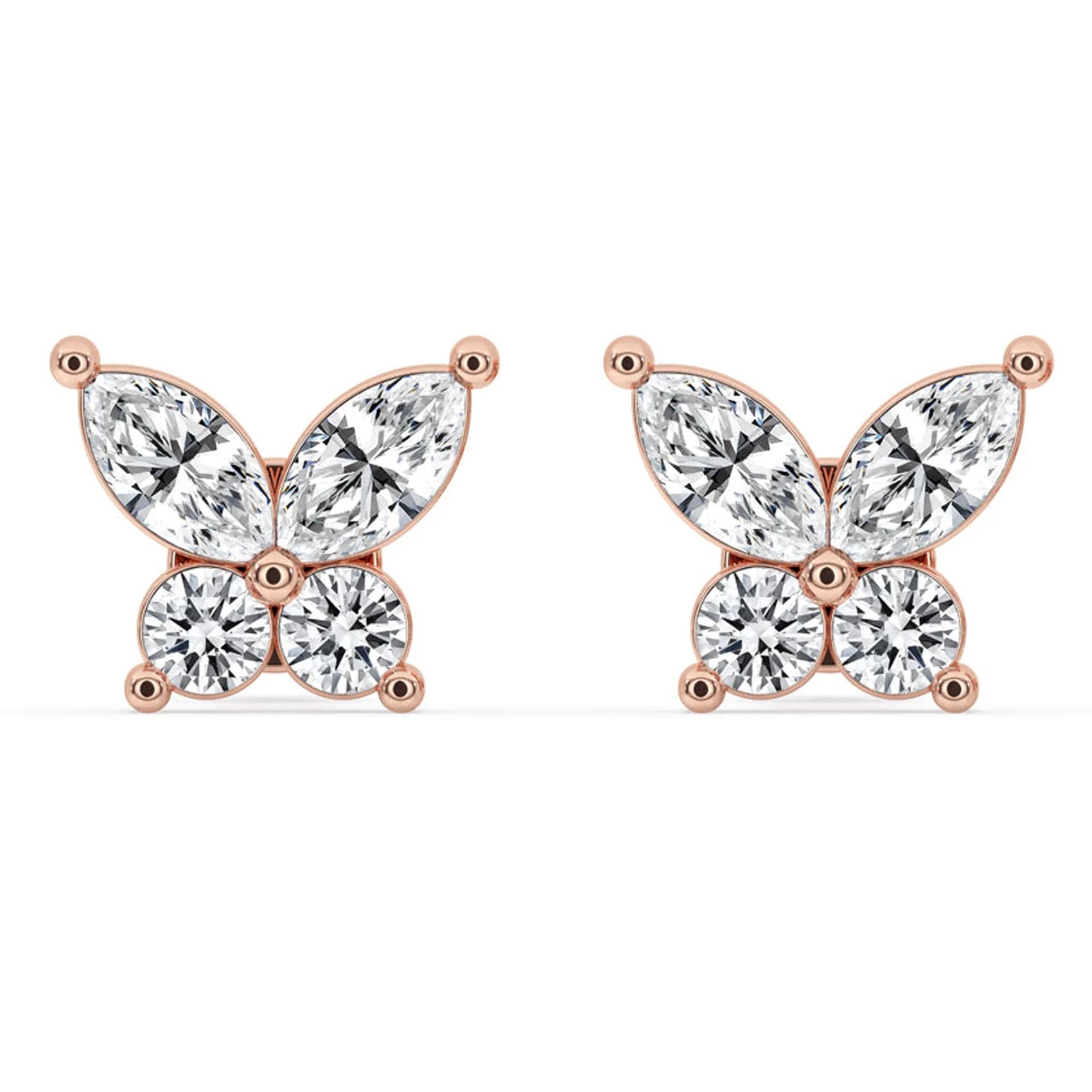 Front view of the marquise and round diamond butterfly stud earrings in rose gold
