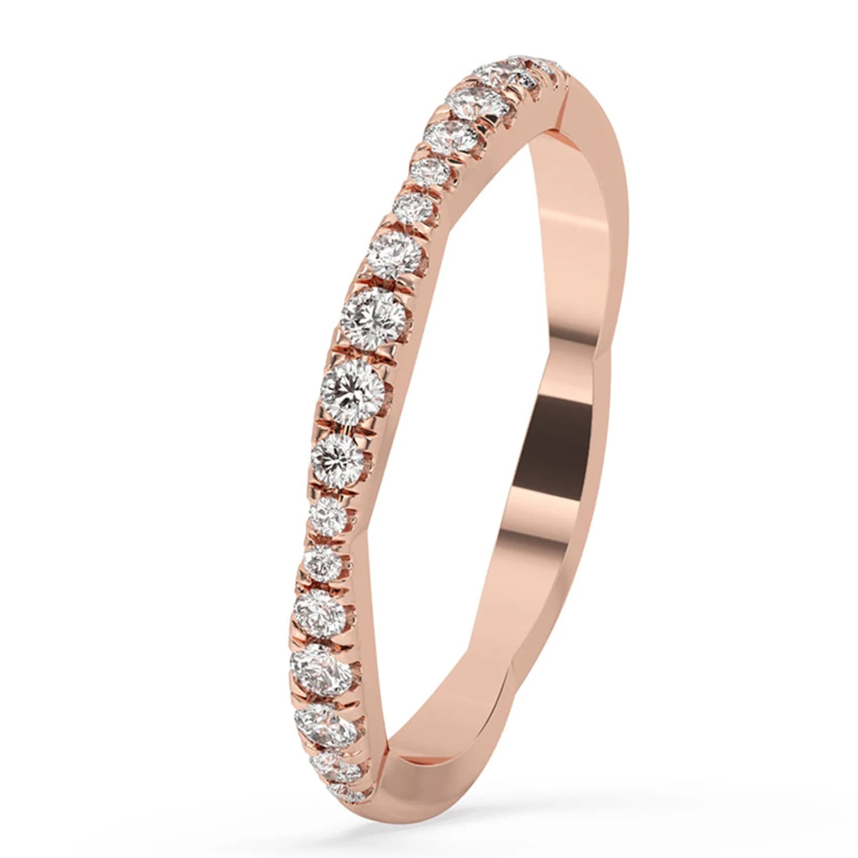 Angled view of the scalloped contour lab grown diamond band in rose gold