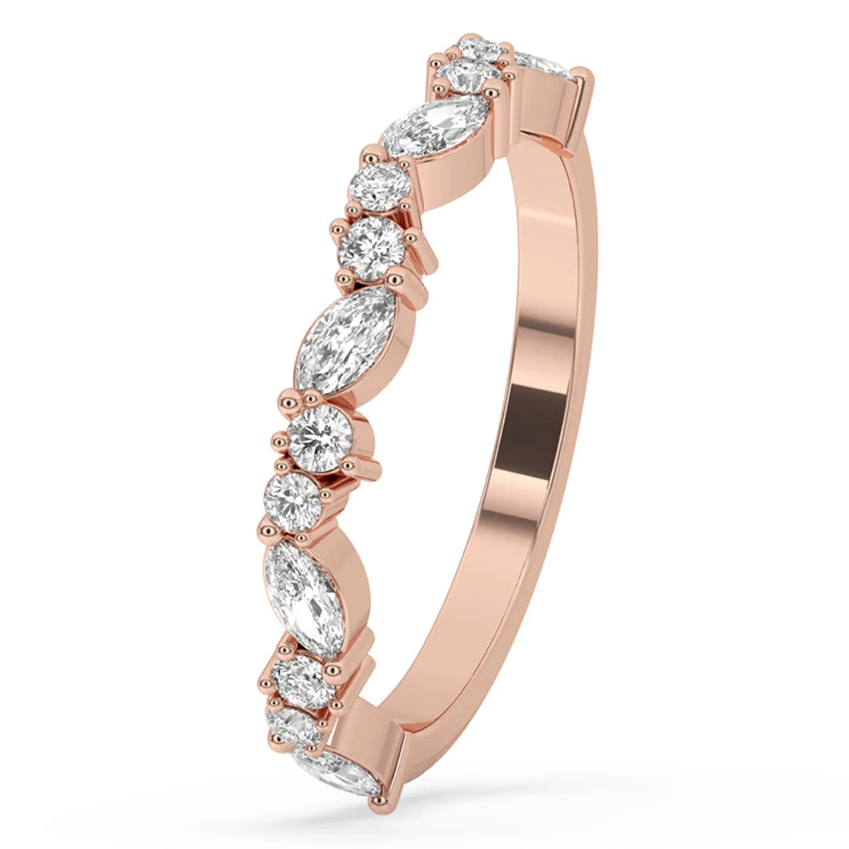 Angled view of the marquise and round diamond half eternity band in rose gold