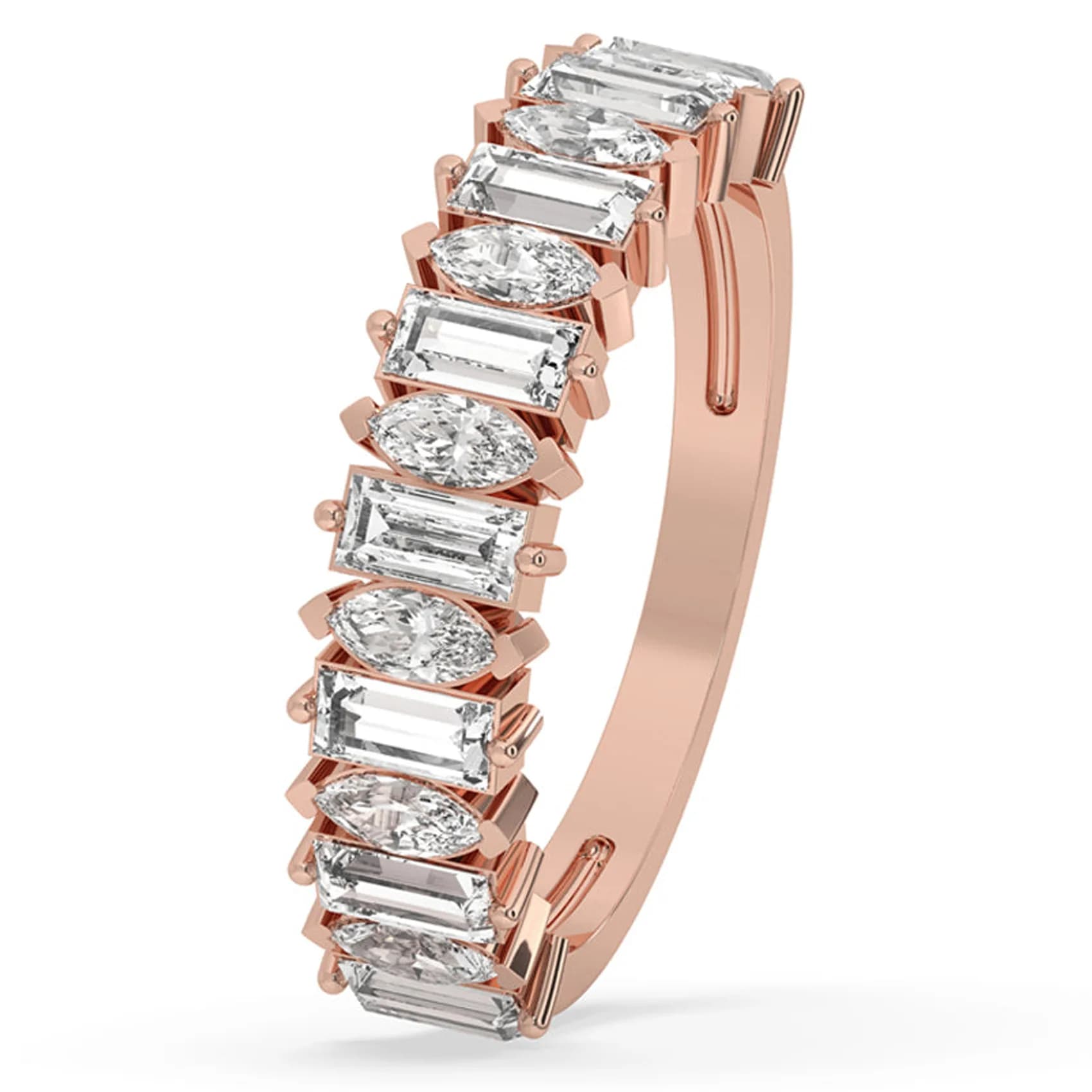 Angled view of the marquise and baguette half eternity band in rose gold