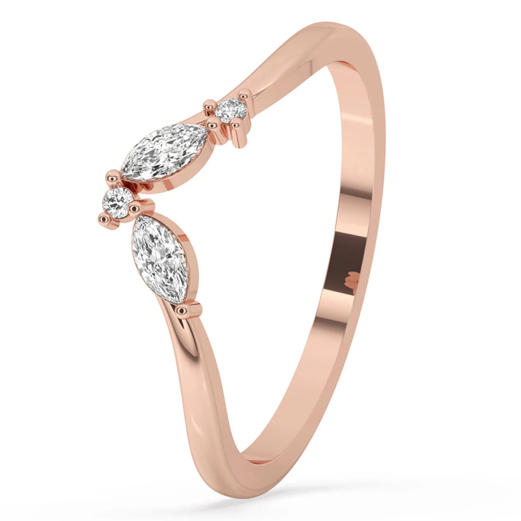 Angled view of the marquise V shape contour band in rose gold