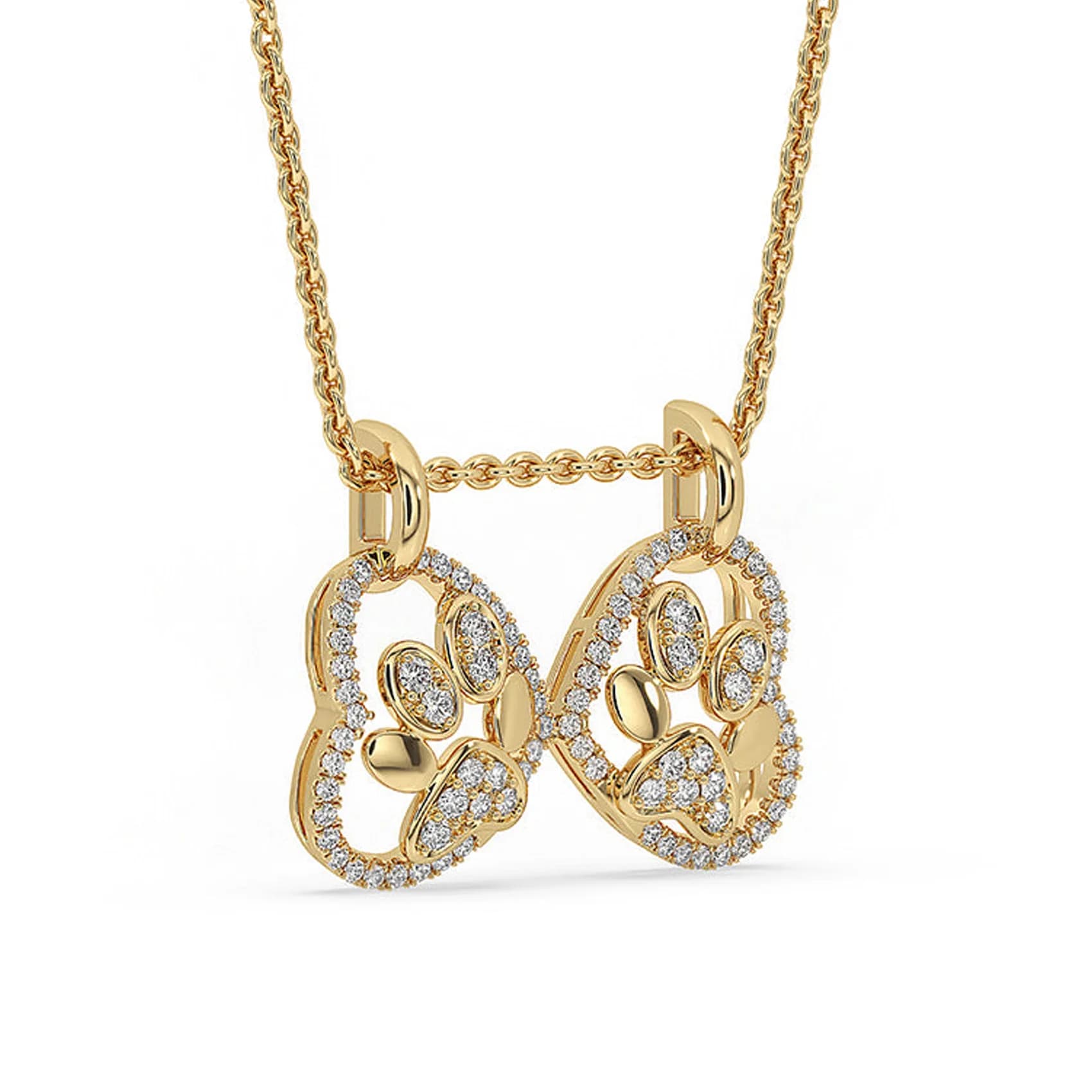 Angled view of the double heart paw print lab grown diamond pendant in yellow gold